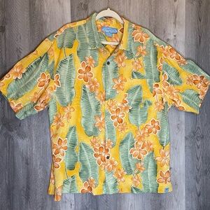Bermuda Bay Hawaiian Shirt Mens XL Yellow Floral Palm Silk Camp Shirt Tropical